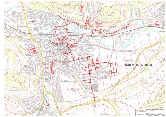 Kartenausschnitt von Bad Mergentheim: Stadtgebiet mit hervorgehobenen Gebäuden in rot. Die roten Gebäude zeigen, welche Bereiche in Bad Mergentheim bereits mit Wärme erschlossen sind.