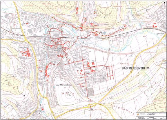 Kartenausschnitt von Bad Mergentheim: Stadtgebiet mit hervorgehobenen Gebäuden in rot. Die roten Gebäude zeigen, welche Bereiche in Bad Mergentheim bereits mit Wärme erschlossen sind.
