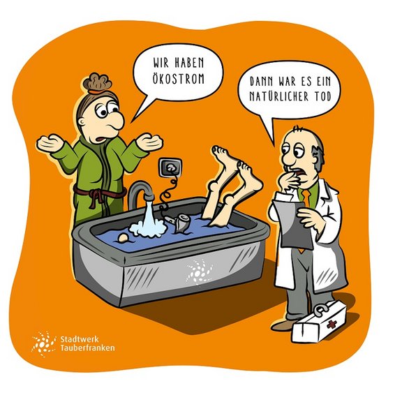 Cartoon Ökostrom Einer liegt in der Badewanne unter Wasser und mit einem Fön, eine Frau steht daneben und sagt zu einem Arzt "Wir haben Ökostrom", der Arzt antwortet "Dann war es ein natürlicher Tod."