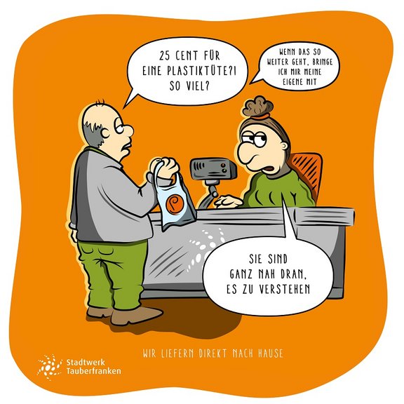 Cartoon Einkauf Man steht an der Kasse mit einer Tüte in der Hand und beschwert sich über die Kosten für die Tüte "wenn das so weiter geht, bringe ich meine eigene mit". Die Kassiererin antwortet "Sie sind ganz nah dran es zu verstehen"
