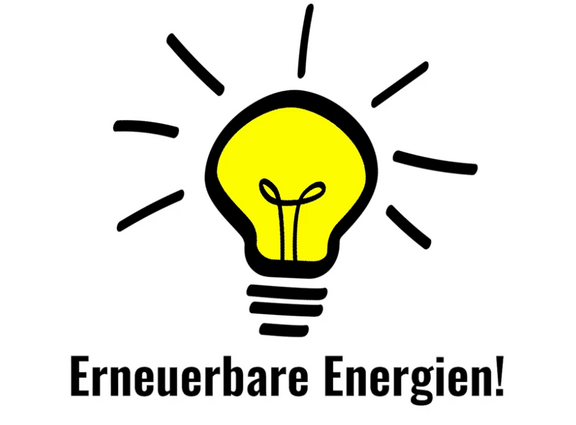 gelbe Glühbirne mit Text "Erneuerbare Energien" darunter