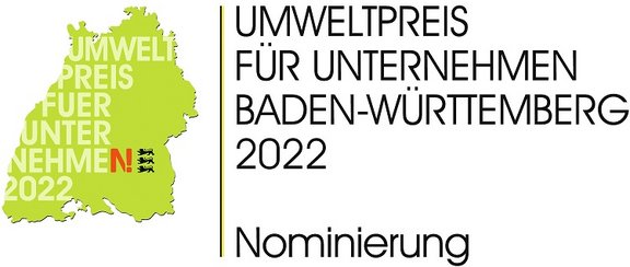 Logo Nominierung Umweltpreis mit grüner Deutschlandfläche link und Text rechts