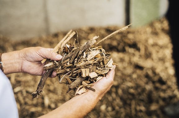 Zwei Hände halten Holzhackschnitzel in der Hand. Im Hintergrund ist ein verschwommener Berg Holzhackschnitzel zu sehen.