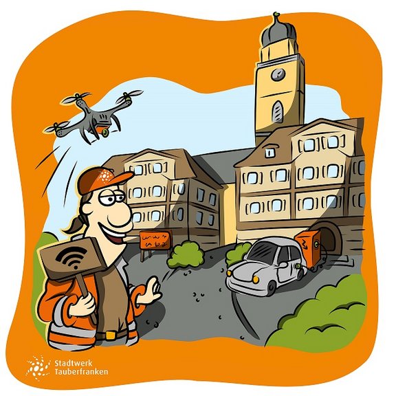 Mitarbeiter steht vor städtischem Gebäude mit WLAN-Sensor in der Hand, über ihm fliegt eine Drohne im Hintergund is noch ein Elektroauto an der Ladesäule zu sehen.