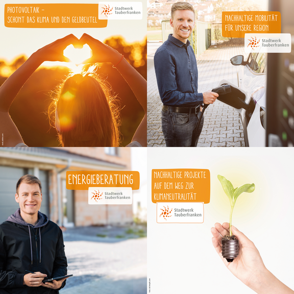 AGIMA Die Grafik ist in vier quadratische Segmente unterteilt und zeigt verschiedene Themen rund um Nachhaltigkeit bei Stadtwerk Tauberfranken. Oben links: Eine Frau formt mit ihren Händen ein Herz vor der untergehenden Sonne, begleitet vom Text: „Photovoltaik – schont das Klima und den Geldbeutel“. Oben rechts: Ein Mann lädt ein E-Auto, daneben steht: „Nachhaltige Mobilität für unsere Region“. Unten links: Ein junger Mann mit Tablet lächelt, dazu der Schriftzug: „Energieberatung“. Unten rechts: Eine Hand hält eine kleine Pflanze, die in einer Glühbirne wächst, darüber: „Nachhaltige Projekte auf dem Weg zur Klimaneutralität“. Alle Segmente tragen das Logo von Stadtwerk Tauberfranken.
