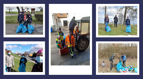 Mehrere Personengruppen mit Müllsäcken und Greifzangen beim Müll sammeln