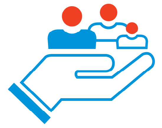 Clipart blaue, offene Hand hält 3 Personen